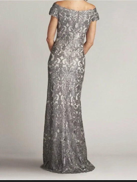 Tadashi Shoji Silver Lace Off-Shoulder Maxi Gown - Picture 2 of 2